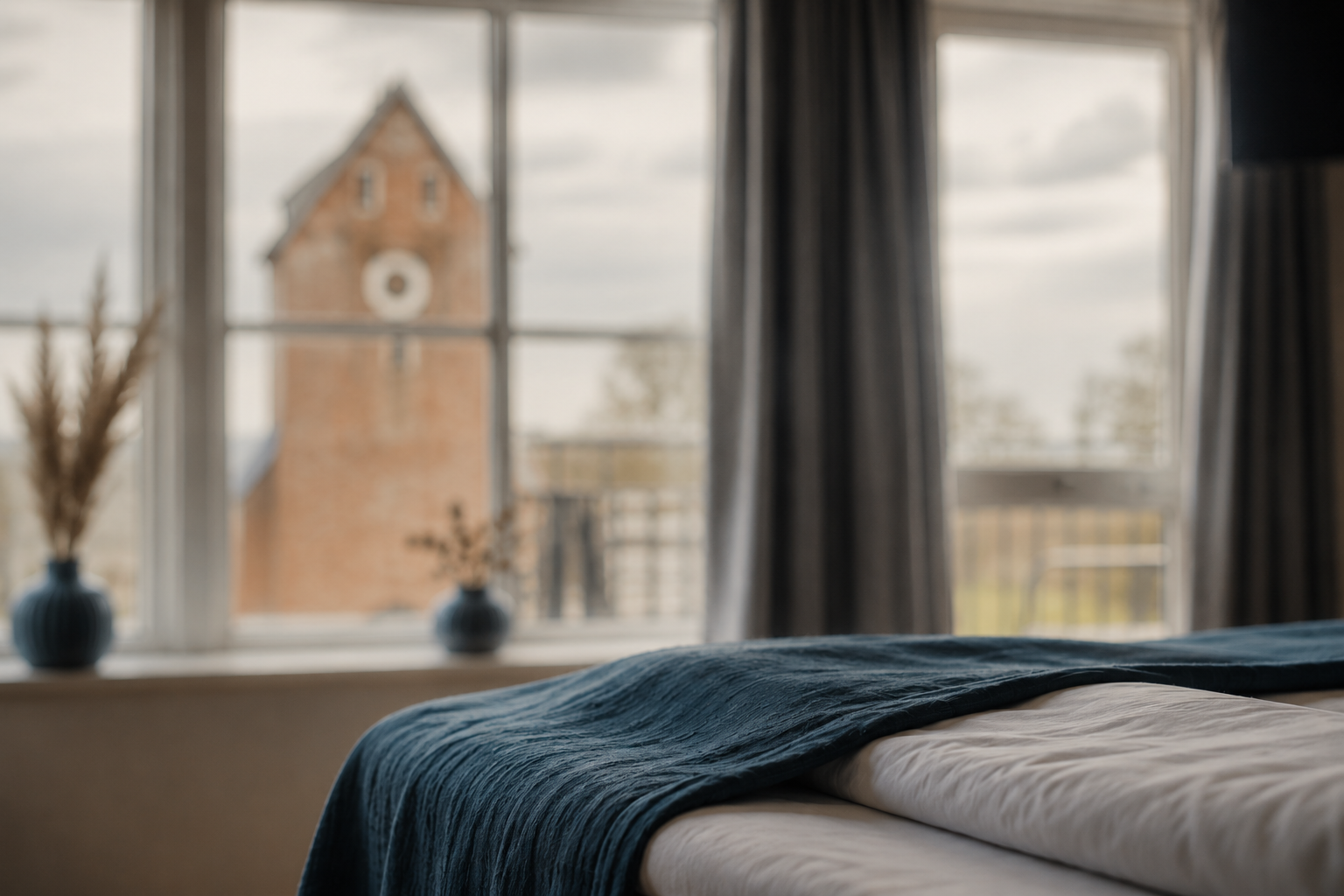 Et lyst værelse på Marsk Hotellet med udsigt over Højer